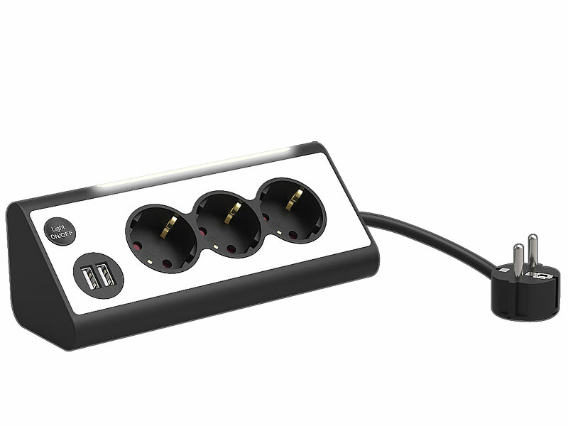 Multiprise 3 prises avec veilleuse LED et 2 ports USB - coloris noir