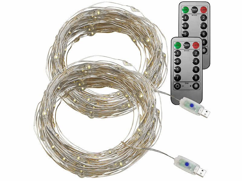 2 guirlandes LED USB télécommandées de 10 m blanc neutre, Guirlandes  lumineuses