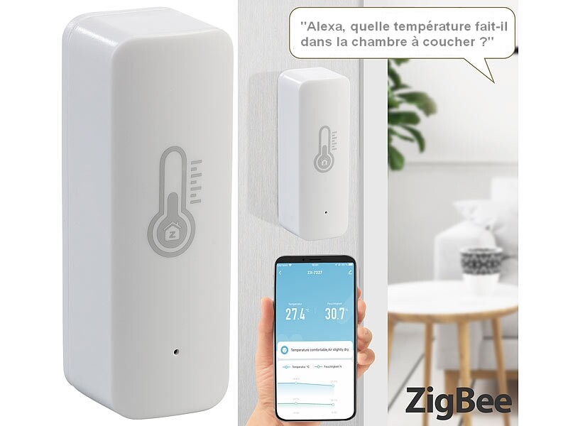 Capteur de température et d'humidité de l'air connecté compatible ZigBee et  commandes vocales, Autres systèmes de domotique
