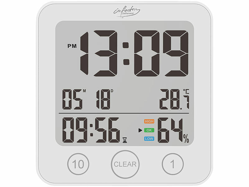 IDABAY Thermo-Hygromètre Imperméable Horloge Hydrorésistant Électronique Humidomètre Murale Numérique Thermomètre Digital Intérieur Pendule Chronométreur Sans Fil Noir 