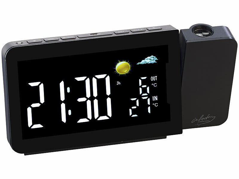 Réveil LCD - Radio-piloté - Projecteur - Chargeur USB - Coloris Noir