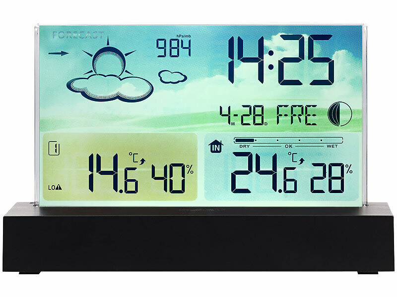 Station météo sans fil Station météo numérique à prévision couleur avec  alarme et température/humidité/baromètre/réveil/horloge lunaire/météo avec  capteur extérieur