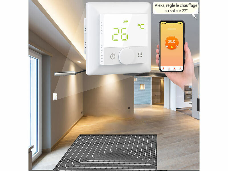 Thermostat connecté pour chauffage au sol avec capteur externe, blanc