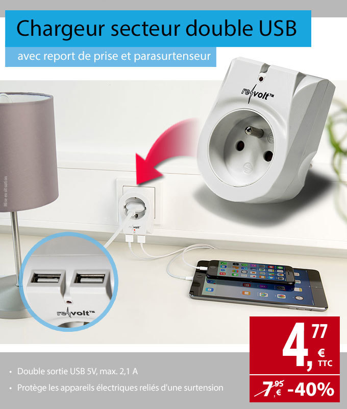 Profitez de cette offre exclusive Internet sur le chargeur secteur double USB valable jusqu'au 02/01/2019.